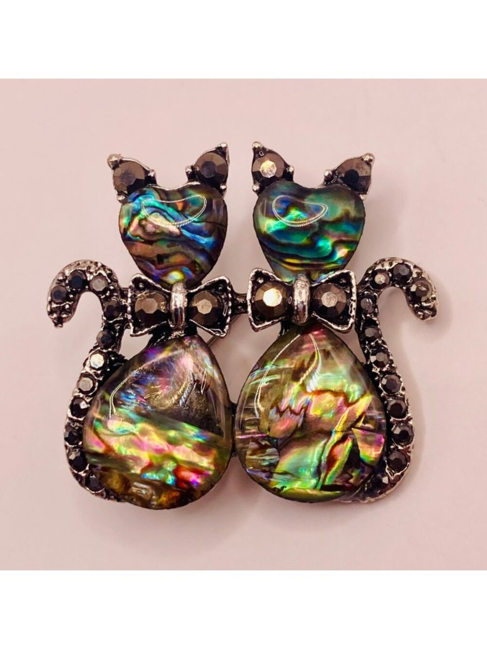 Abalone Shell Twin Cats Brooch Pin Black Rhinestones -24B